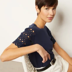 T-shirt à Manches Détails Crochet En Lin Mélangé -Magasin De Lingerie Etam 653989425 c