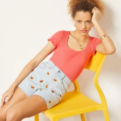 Short En Jean Détails Broderies, 100% Coton 9 Short En Jean Détails Broderies, 100% Coton -Magasin De Lingerie Etam 654032221 c